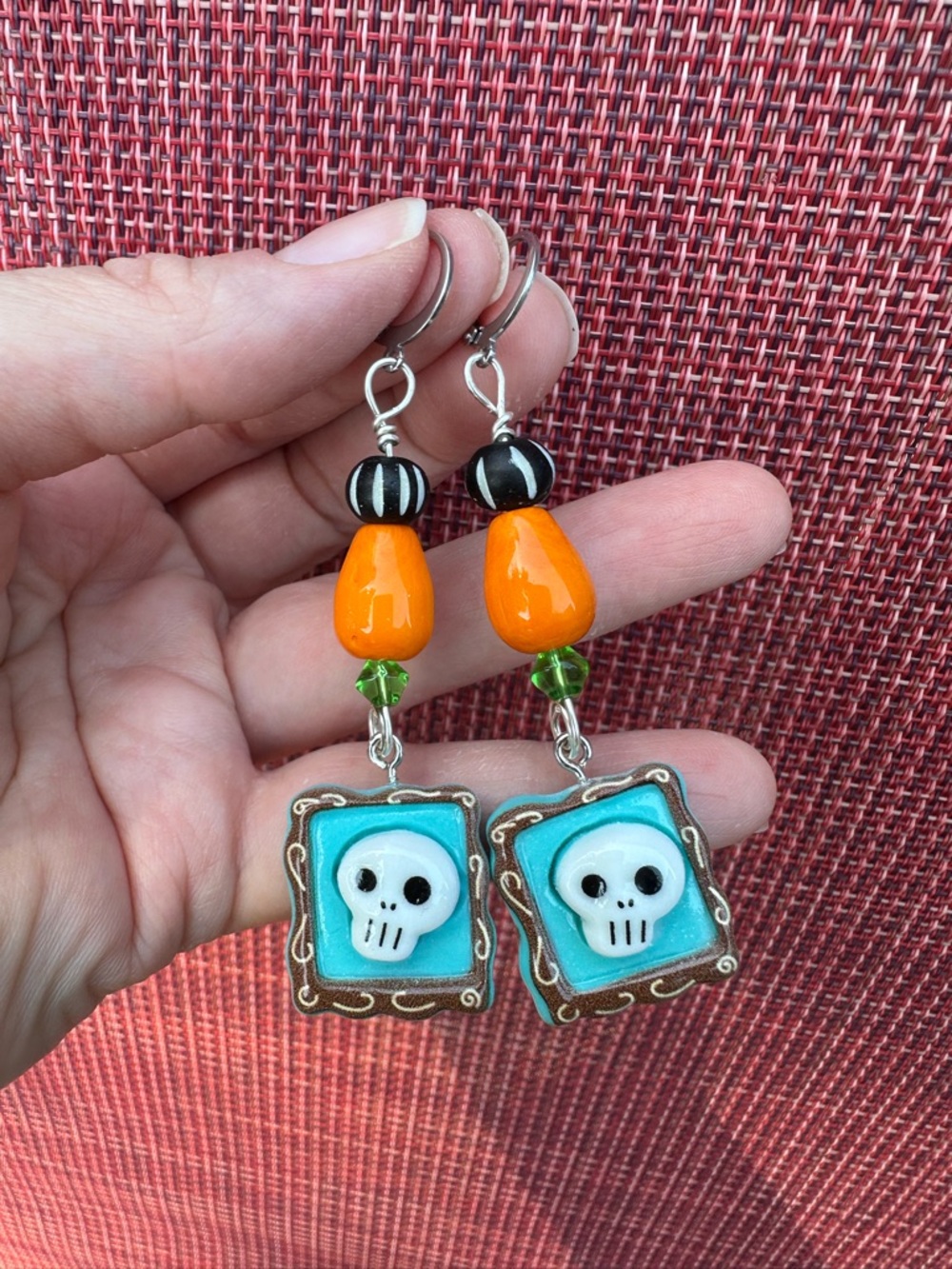 Artisan Orange Turquoise Skull Dangle Earrings